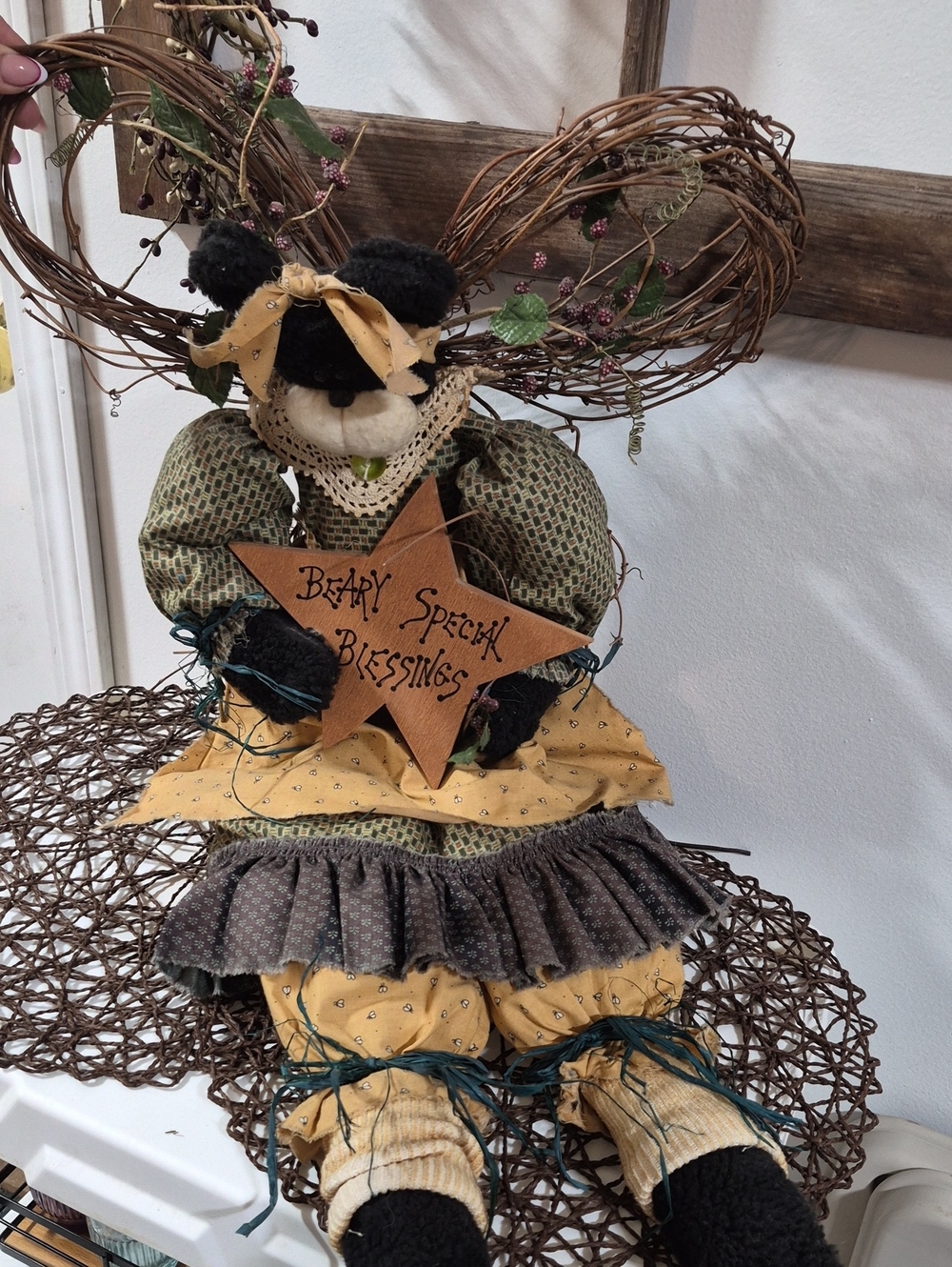 Handmade Primitive Country Black Bear Rag Doll 'Beary Special Blessings' Star